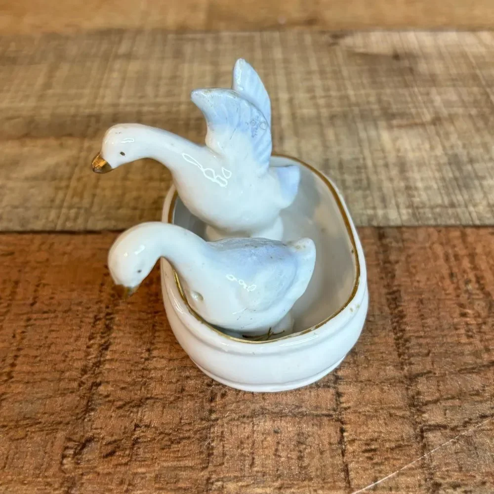 RARE 3 Pc Set Vintage Miniature Japanese Geese Salt & Pepper Shakers W/Tray